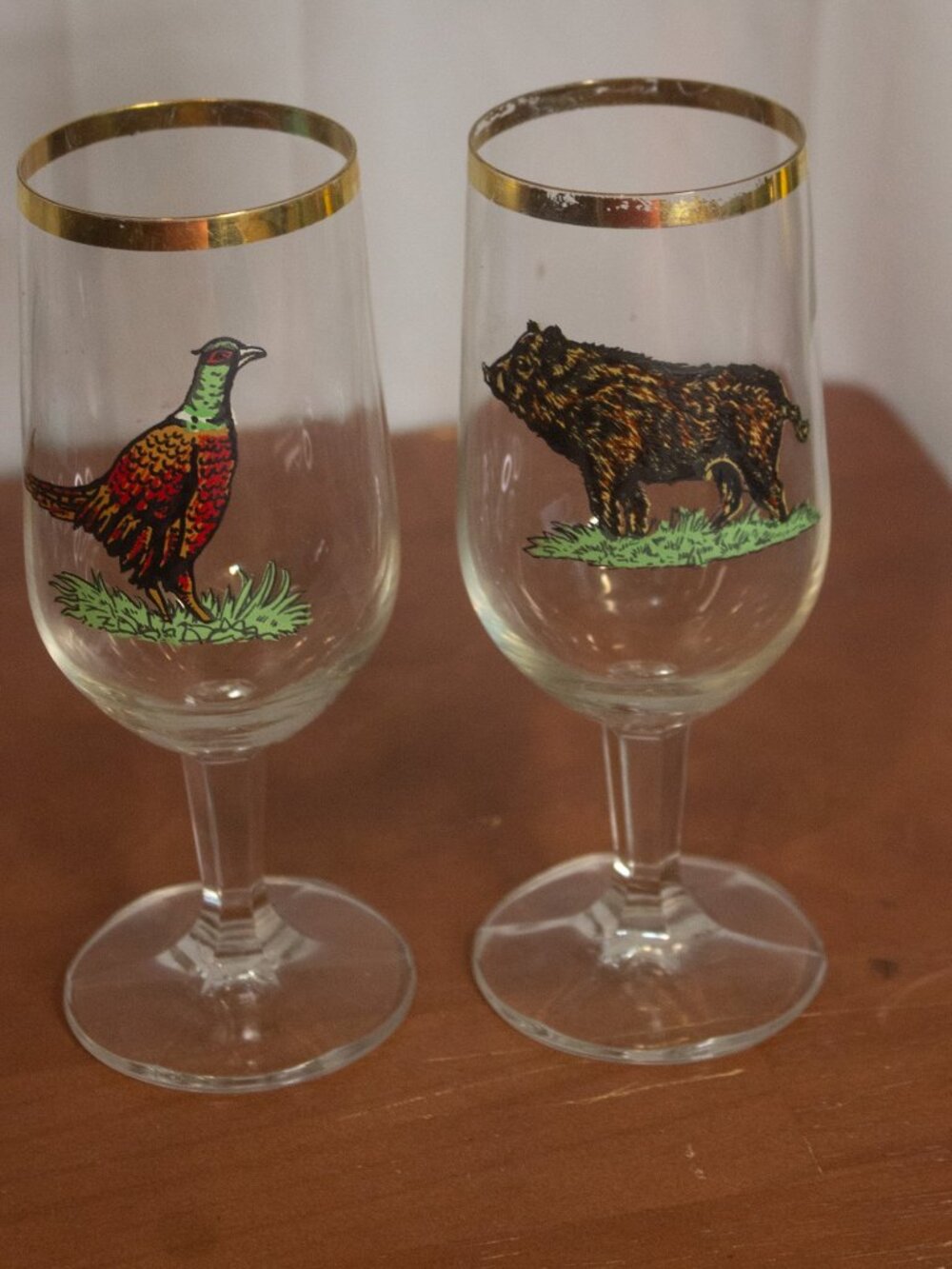 Wildlife Drinking Glasses Pheasant & Boar Gold Rim 6.5” Barware Set of 2